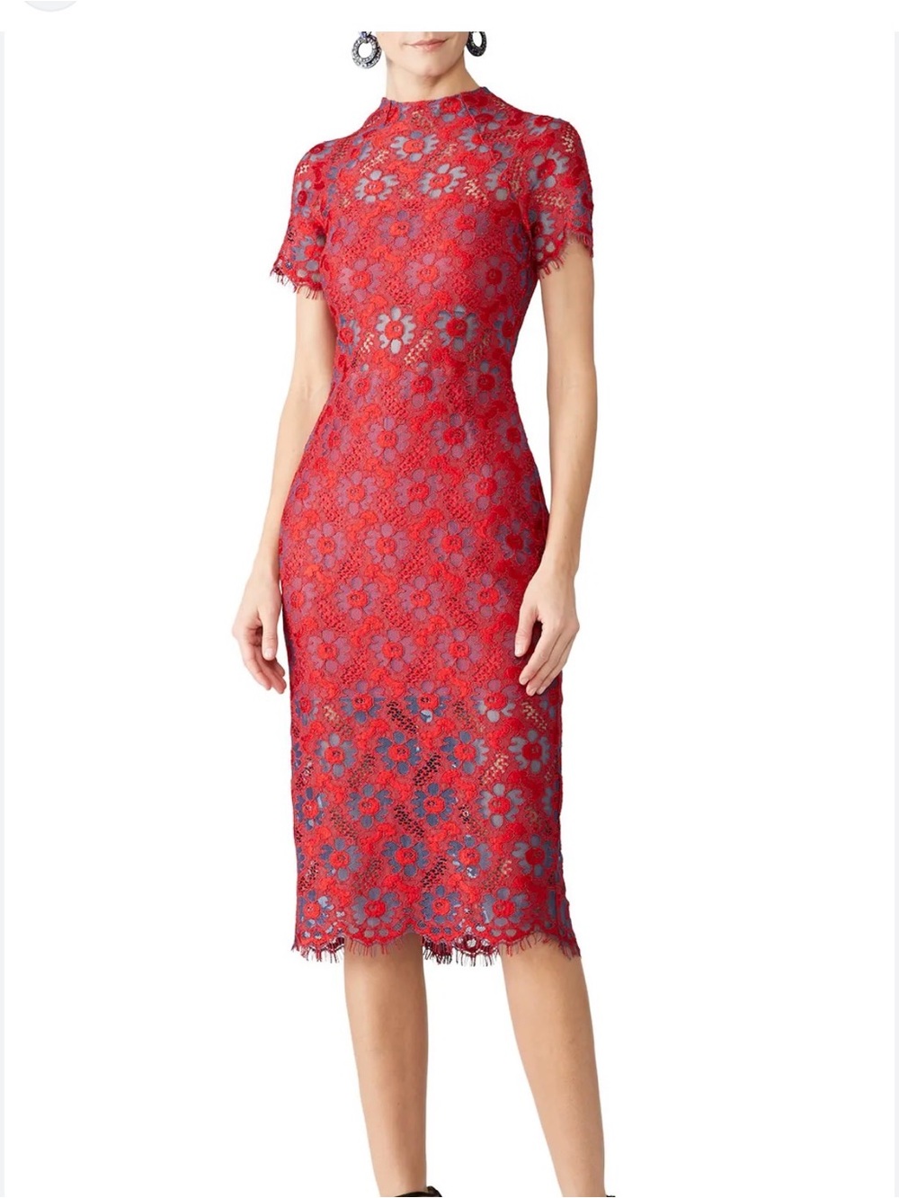 Alexis Red Floral Lace Midi Dress with Blue Accents